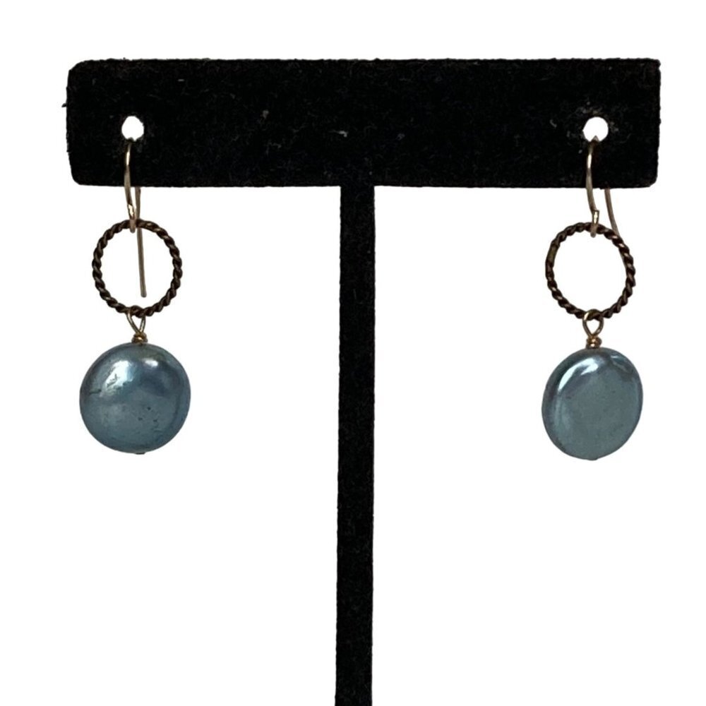 Imitation Blue Pearl Dangle Earrings Silver Tone Circle Discs